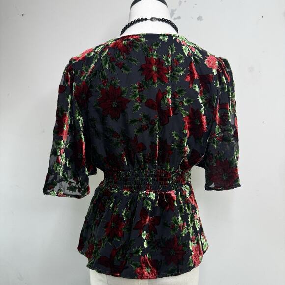 MODCLOTH Velvet Holly Peplum Top Blouse Poinsettia Festive Holiday Party Indie S - Picture 4 of 5